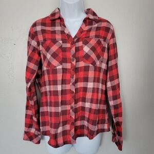 Columbia Women's Small Flannel Red Pink Plaid Long Sleeve V-neck Button Up Shirt